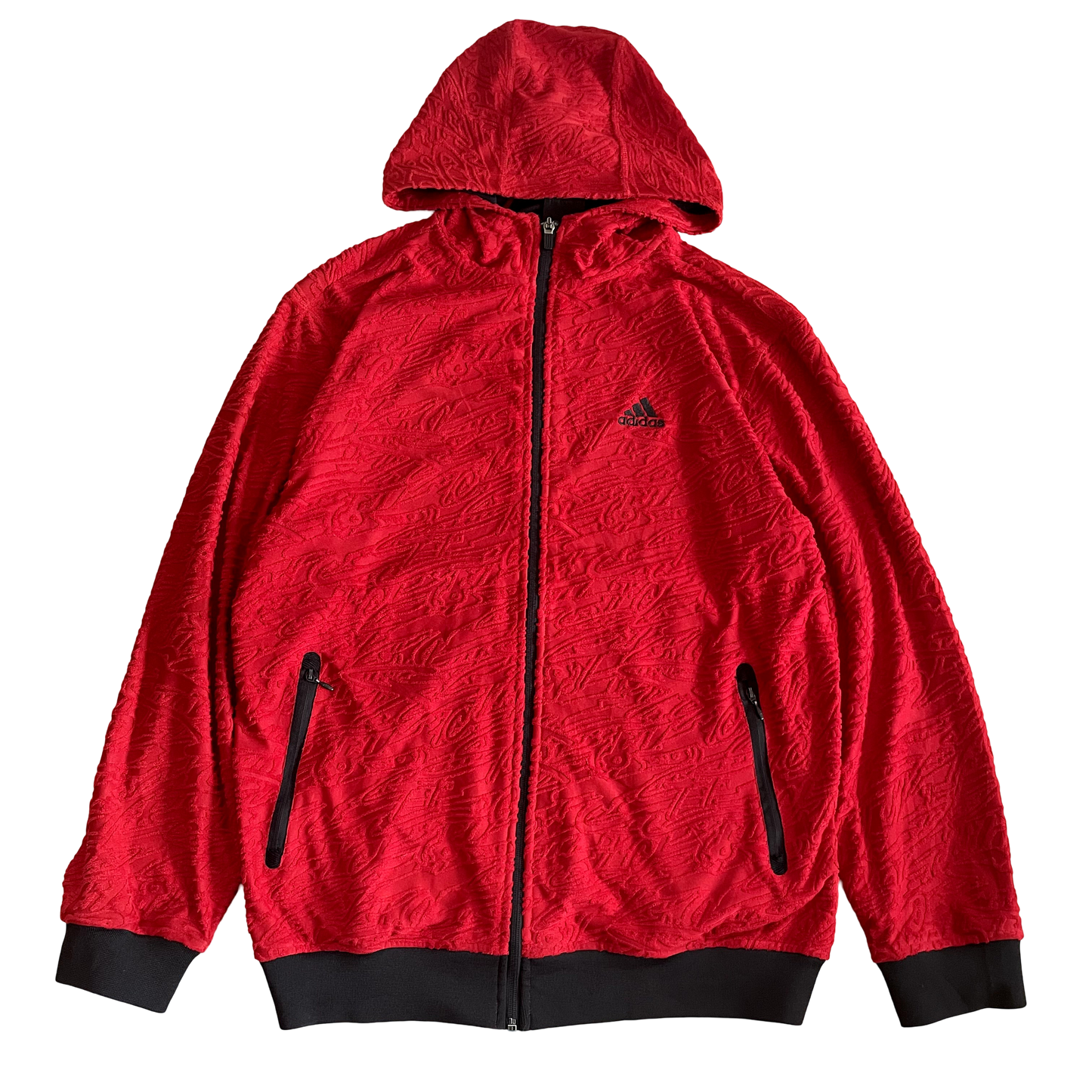 Adidas Red Textured Zipper Hooded Jacket - XL