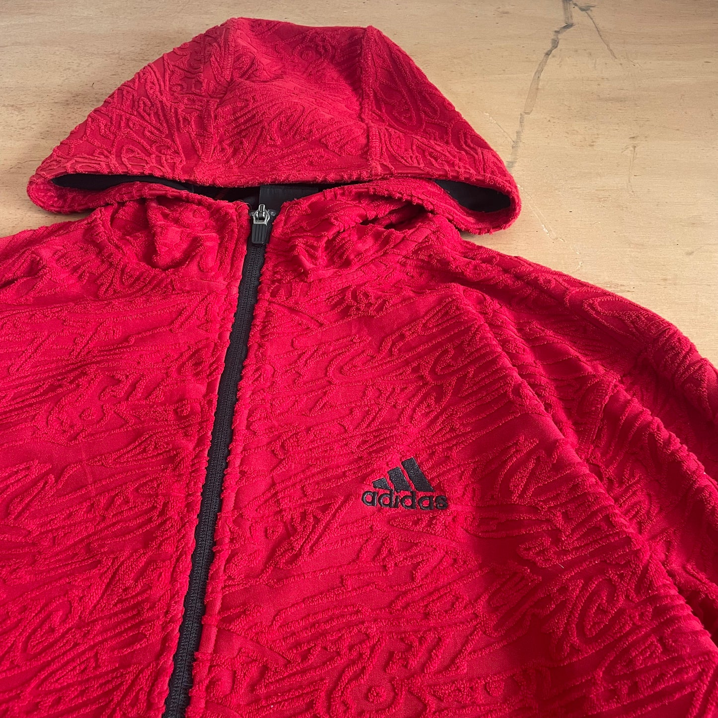 Adidas Red Textured Zipper Hooded Jacket - XL