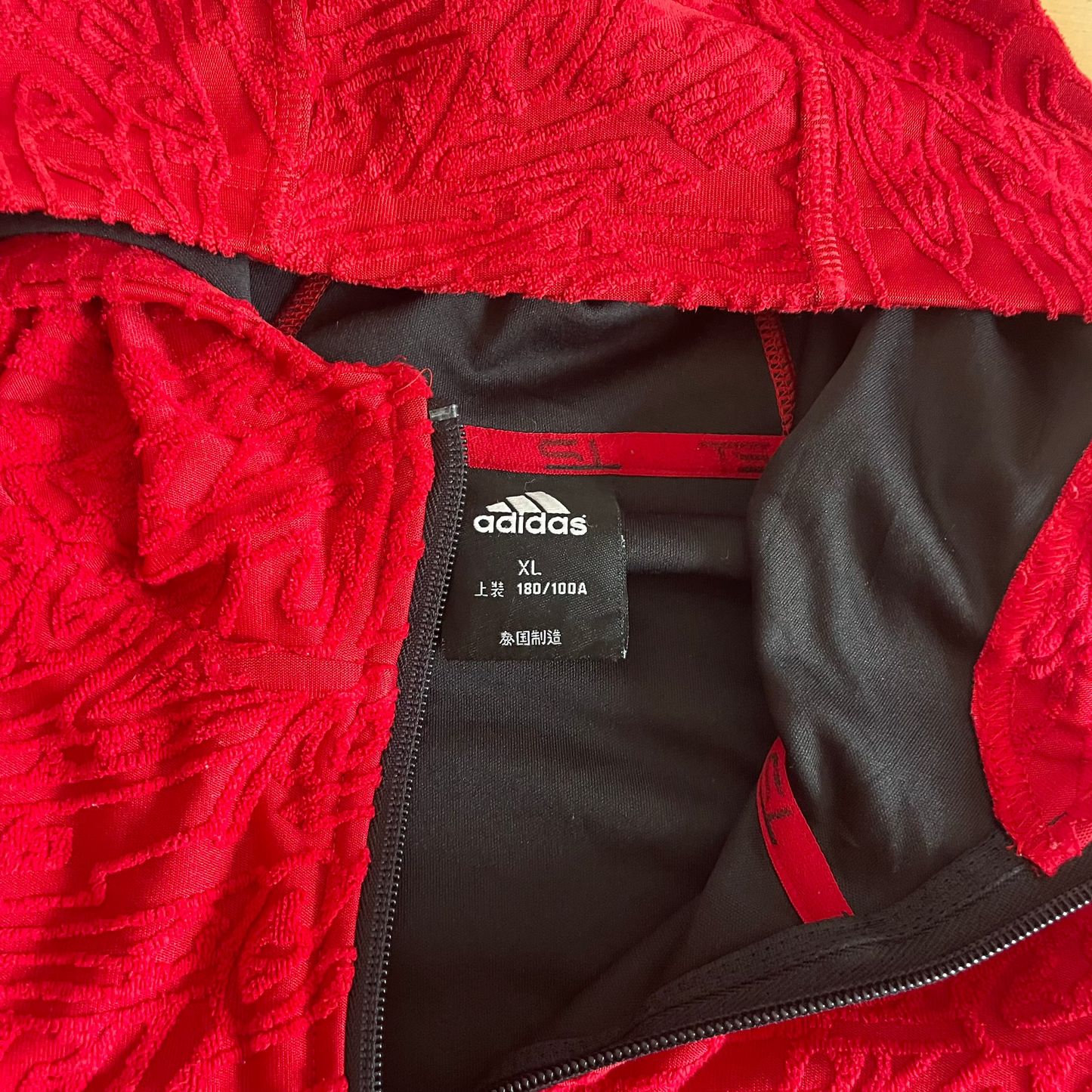 Adidas Red Textured Zipper Hooded Jacket - XL