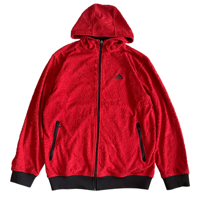 Adidas Red Textured Zipper Hooded Jacket - XL